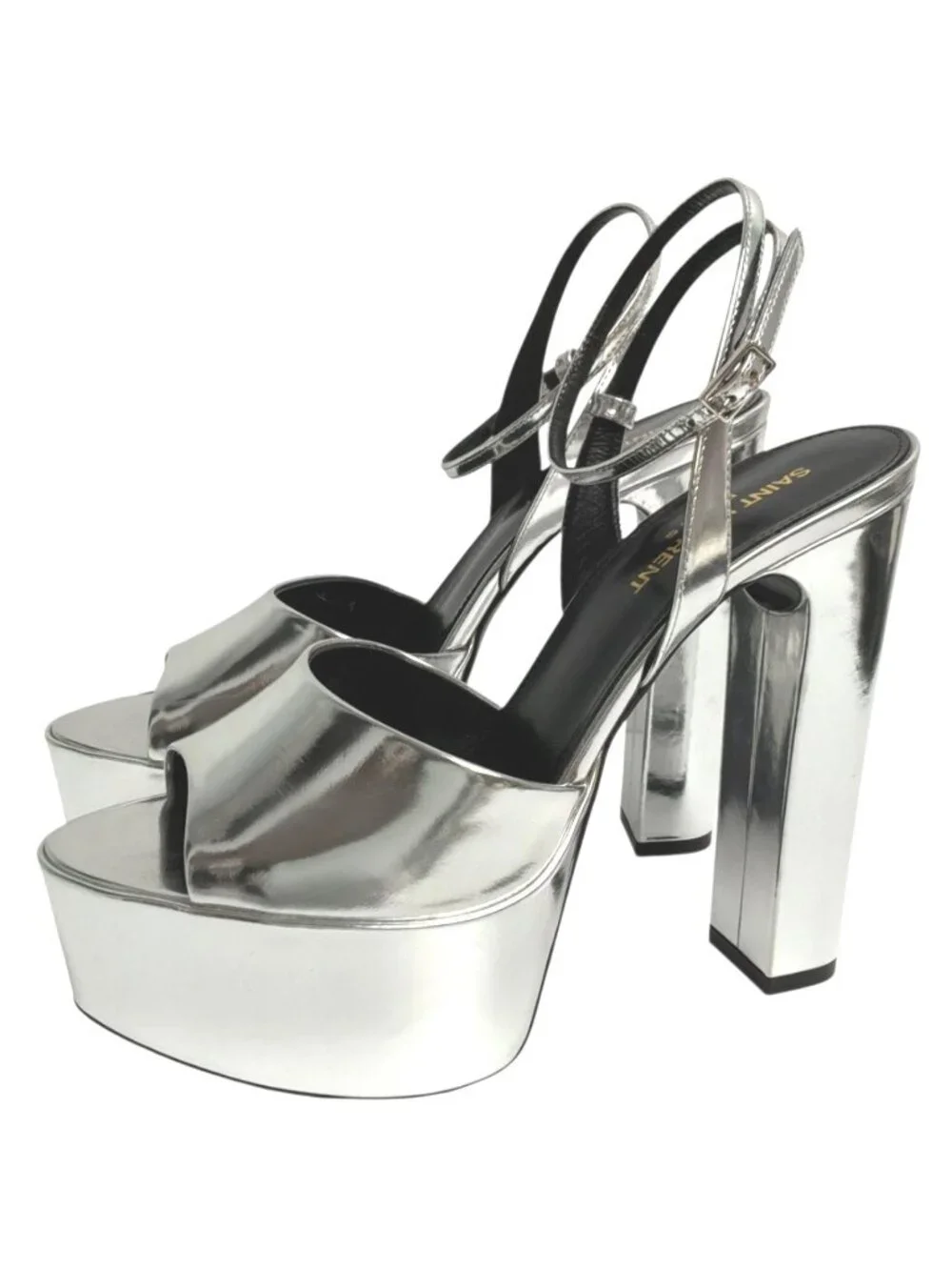 SAINT LAURENT Metallic Silver Leather "Jodie" Platform Open Toe Sandals sz 38.5 - Picture 2 of 10
